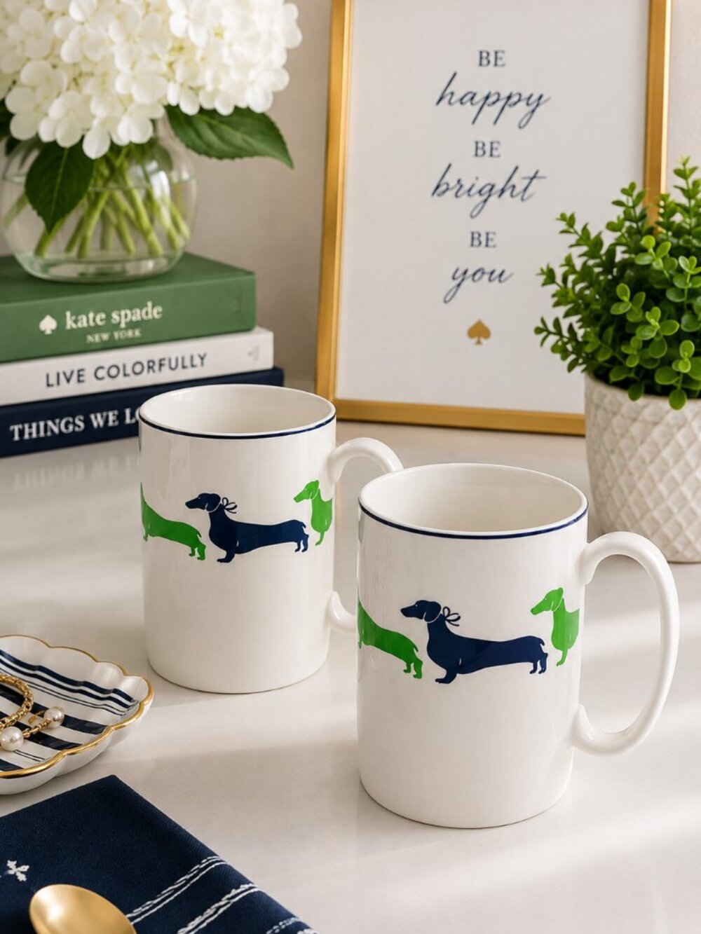 Kate Spade Lenox Wickford Dachshund Dog Mug White Green Blue 12oz Set of 2